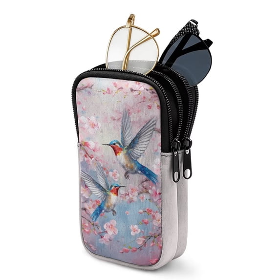 SEANATIVE Double Glasses Case Soft Portable 2 Compartment Eyeglass Sunglasses Pouch Portable Travel Eyewear Organizer Travel Eyeglasses Holder Bag with Zipper, Hummingbird Peach Blossom Blue Pink