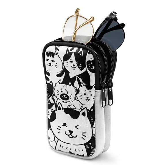 SEANATIVE Double Glasses Case Soft Portable 2 Compartment Eyeglass Sunglasses Pouch Portable Travel Eyewear Organizer Travel Eyeglasses Holder Bag with Zipper, Black White Cat Print