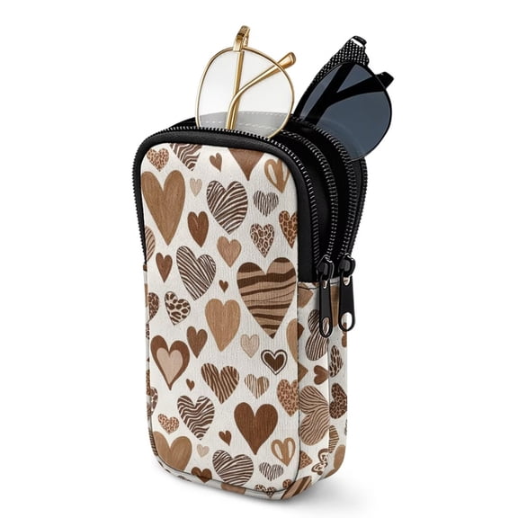 SEANATIVE Double Glasses Case Soft Portable 2 Compartment Eyeglass Sunglasses Pouch Portable Travel Eyewear Organizer Travel Eyeglasses Holder Bag with Zipper, Heart-shaped Pattern Brown Beige