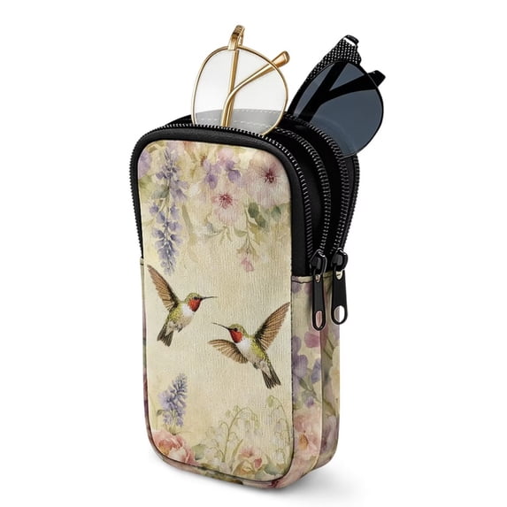 SEANATIVE Double Glasses Case Zipper Glasses Pouch Bags with 2 Compartment, Multifunctional Eyeglasses Case Mini Phone Purses Small Storage Bag for Eyeglasses, Vintage Hummingbird Floral