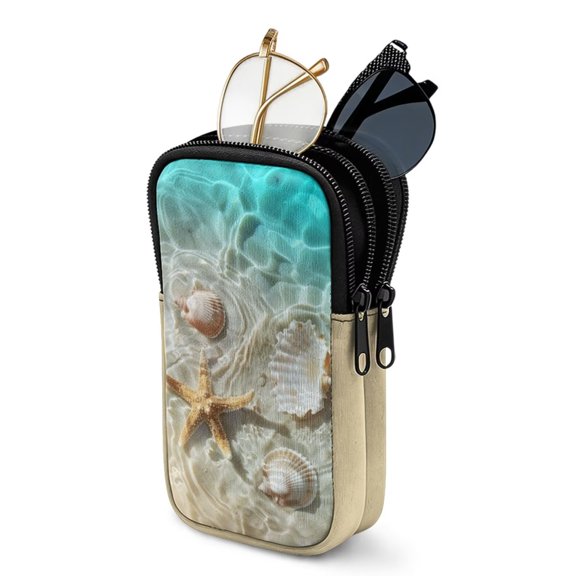 SEANATIVE Double Glasses Case Zipper Glasses Pouch Bags with 2 Compartment, Multifunctional Eyeglasses Case Mini Phone Purses Small Storage Bag for Sunglasses Eyeglasses, Starfish Sea Shell Beach