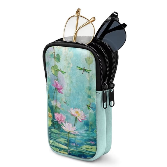 SEANATIVE Double Glasses Case Zipper Glasses Pouch Bags with 2 Compartment, Multifunctional Eyeglasses Case Mini Phone Purses Small Storage Bag for Sunglasses Eyeglasses, Lotus Dragonfly Green