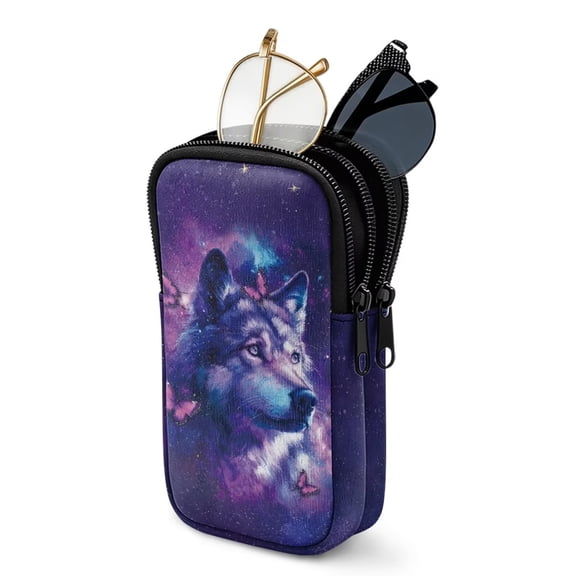 SEANATIVE Double Glasses Case Zipper Glasses Pouch Bags with 2 Compartment, Printed Eyeglasses Case Mini Phone Purses Small Storage Bag for Sunglasses Eyeglasses, Wolf Butterfly Galaxy Violet