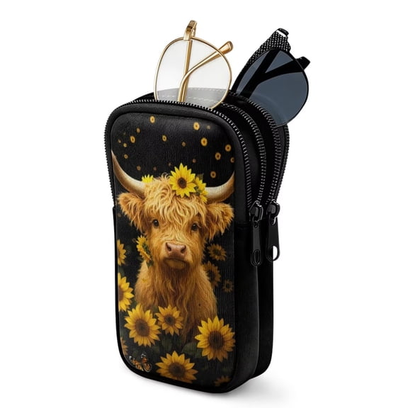 SEANATIVE Double Glasses Case Zipper Glasses Pouch Bags with 2 Compartment, Stylish Printed Eyeglasses Case Mini Phone Purses Small Storage Bag for Eyeglasses, Highland Cow Sunflower Black