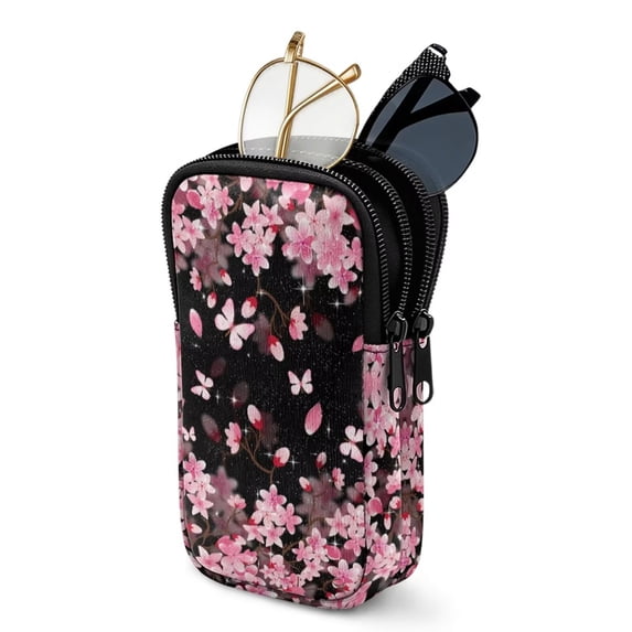 SEANATIVE Double Glasses Case with Zipper, Soft Eyeglass Cases Sunglasses Pouch Travel Eyeglasses Case Organizer Portable Reading Glasses Pouch Bag for Women, Cherry Blossom Pattern Pink Black