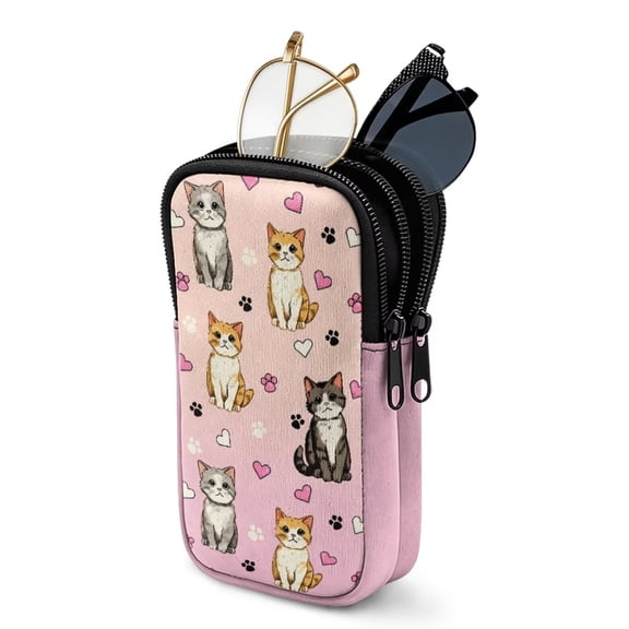 SEANATIVE Double Glasses Case with Zipper, Soft Eyeglass Cases Sunglasses Pouch Travel Eyeglasses Case Organizer Portable Reading Glasses Pouch Bag for Women Men, Cat Heart-shaped Pattern Pink