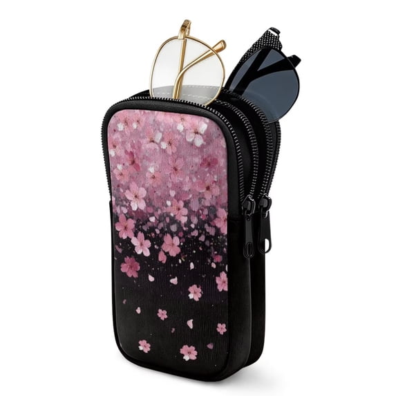 SEANATIVE Dual Compartment Eyeglasses Case Zipper Sunglasses Pouch Shockproof Lightweight Travel Eyewear Organizer Portable Glasses Pouch for Work Vacation Trips, Pink Cherry Blossom Black