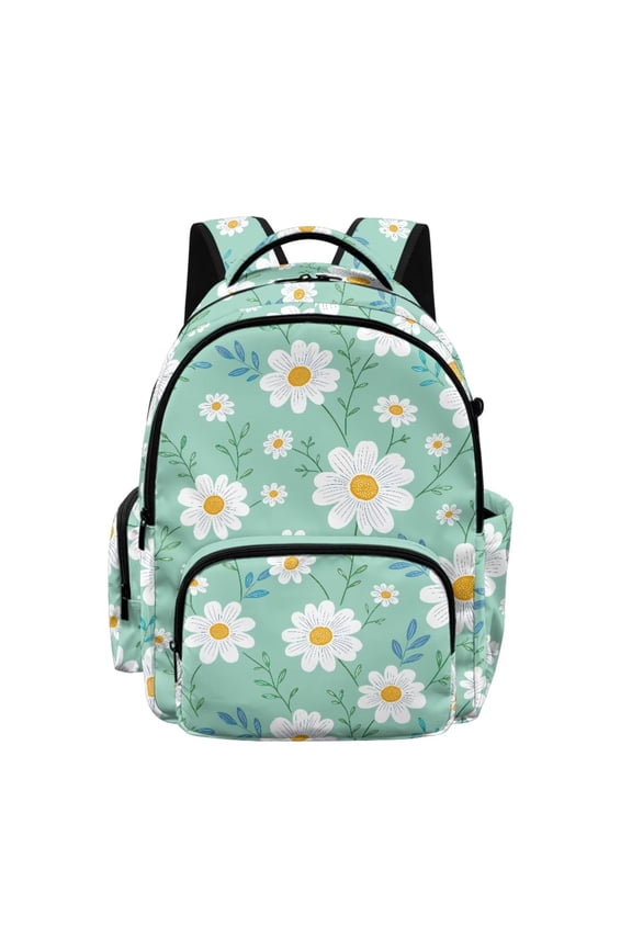Elementary Kids Backpack Large Capacity School Bag Bookbag Middle High School Students Laptop Backpack with Front Pocket Side Pockets, Daisy Flower Green