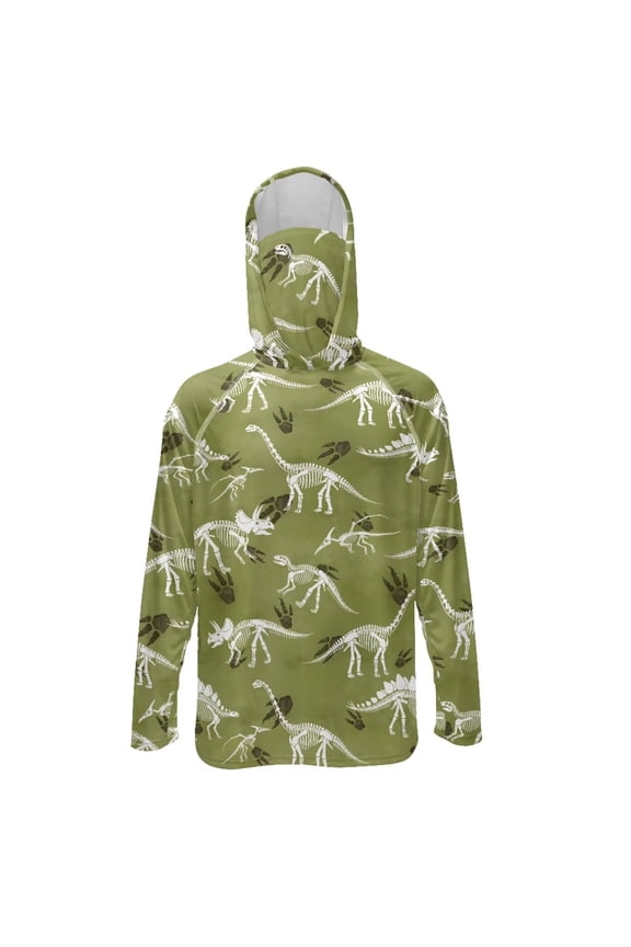 Fishing Hoodie for Men, Sun Protective Running Shirt Mesh Face Mask Long Sleeve Top Hiking Rash Guard for Beach Fishing Outdoor Sports, 3XL, Dinosaur Skeleton Pattern Green