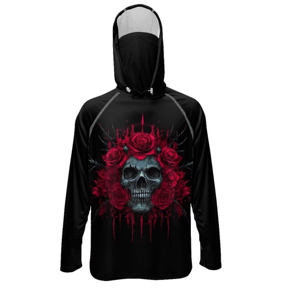 SEANATIVE Fishing Hoodie with Mesh Mask for Men Sun Protection Full Face Neck Coverage Breathable Comfortable Performance Fishing Shirt Rash Guard, L, Skull Rose Black