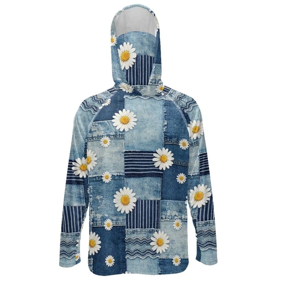 SEANATIVE Fishing Hoodie with Mesh Mask for Men Sun Protection Full Face Neck Coverage Breathable Comfortable Performance Fishing Shirt Rash Guard, S, Daisy Patchwork Print Blue