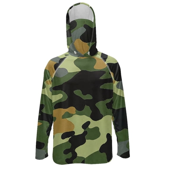 SEANATIVE Fishing Shirts for Men Hooded Sun Protection Rash Guard Long Sleeve Breathable Athletic Hoodie with Face Mask, for Outdoor Hiking Camping Fishing, S, Green Camouflage Print