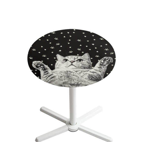 SEANATIVE Fitted Spandex Round Cocktail Table Covers with Elastic Edge Stylish Small Round Table Topper Cap Cloths for Picnic Bar Pub Party 24'' Diameter, Cute Cat Paw Star Black