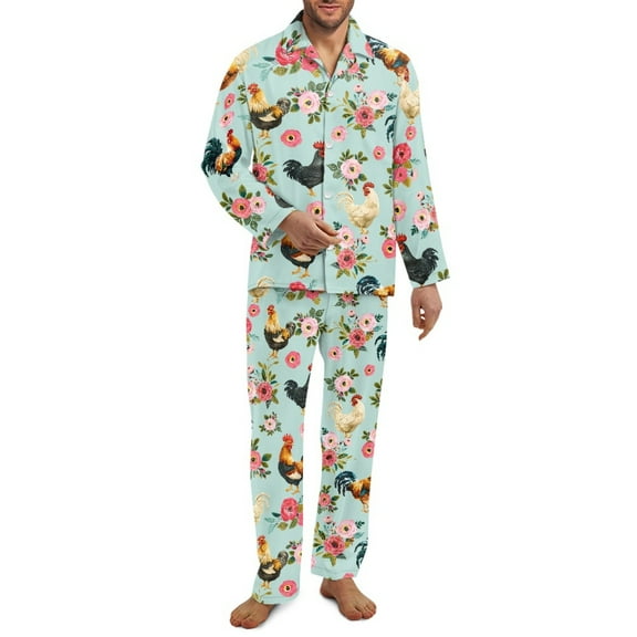 SEANATIVE Floral Chicken Pajamas Set 2 Piece Long Sleeve Pajama Set for Men Daily Loungewear Jogger Clothes Mens Button Up Pajamas Size 4XL Aesthetic Sleepwear Pj Set