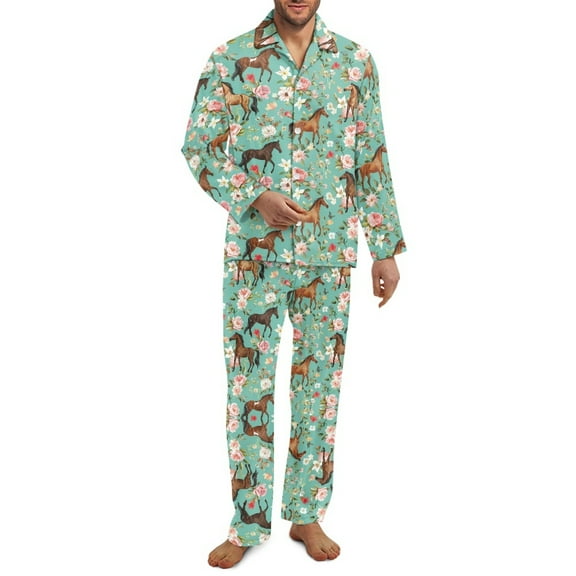 SEANATIVE Floral Horse Pajamas for Men 2 Piece Men Button Down Pajamas Set Nightwear Size L Long Sleeve Sleepwear Jogger Clothes Pajamas Top and Pants with Pockets