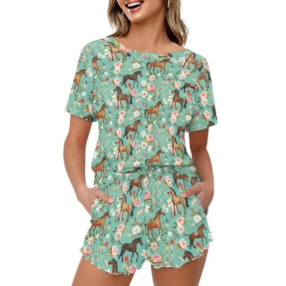 SEANATIVE Floral Horses Pajamas Sets for Plus Size Women Short Sleeve Shirts and Pants Size L 2 Piece Sleepwear Soft Ladies Nightwear Outfits Lounge Set with Pockets