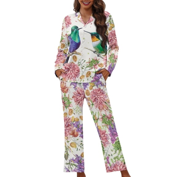 SEANATIVE Floral Hummingbird Button Up Pajamas for Women Long Sleeve Nights Shirts Plue Size XS Pajama Set Womens Sleepwear Sets 2 Piece Nightwear for Women Pajama