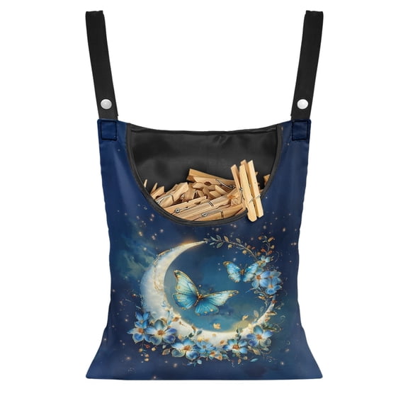 SEANATIVE Floral Moon Clothespin Bags with Hanging Rope Butterfly Summer Laundry Clothes Pin Holder Clothespin Storage Organizer with Large Opening, 14.5 x 12 Inch