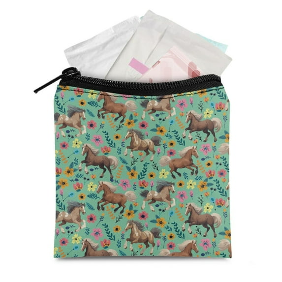 SEANATIVE Flower Horse Sanitary Napkin Storage Bag Soft Menstrual Pad Period Bag for Women 2 PCS Feminine Period Kit Bag with Zipper Small Tampon Pouch for Purse