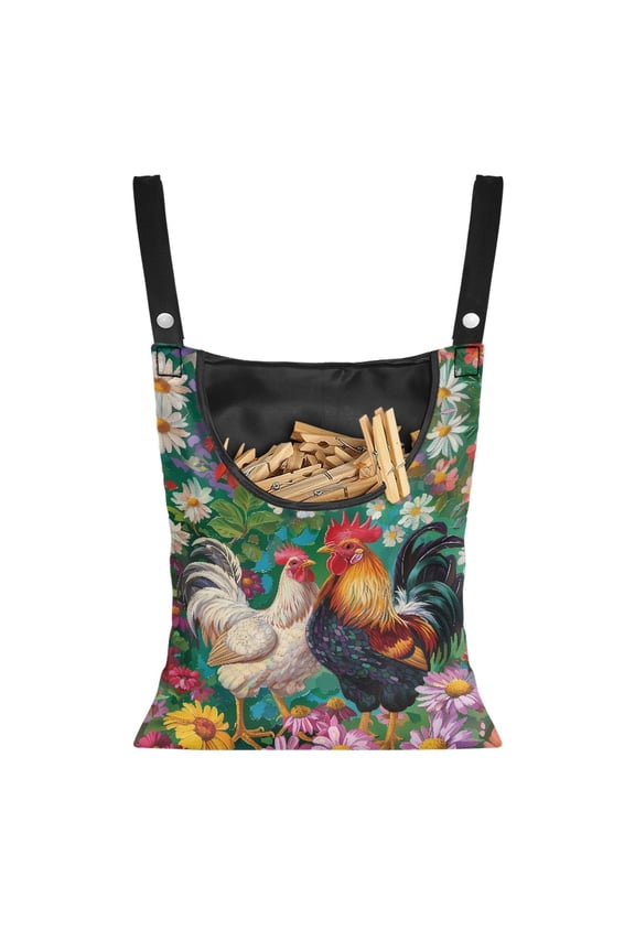 Flower Rooster Clothespin Bag Hanging Storage Organizer Space-Saving Laundry Hanging Storage Organizer Reusable Clothespin Bag Holder for Clothesline Outdoor