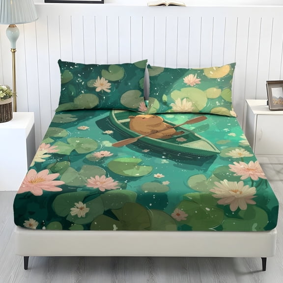 SEANATIVE Full Size Bedding Set, 3 Piece Sheet Set with 1 Fitted Sheet and 2 Pillowcases Machine Washable Bedroom Decoration, Capybara Lotus Leaf Wooden Boat Green