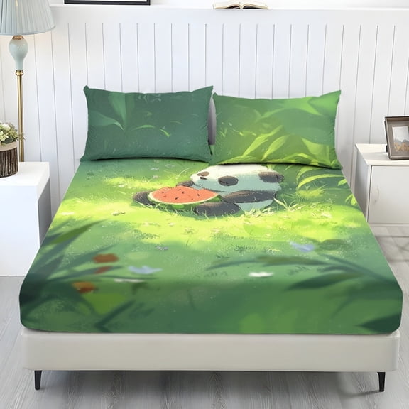 SEANATIVE Full Size Bedding Set, 3 Piece Sheet Set with 1 Fitted Sheet and 2 Pillowcases Machine Washable Bedroom Decoration, Panda Watermelon Green