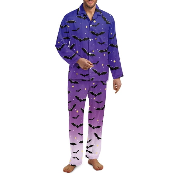 SEANATIVE Galaxy Bats Pajamas for Men Halloween Sleepwear Tops and Pants Set Plus Size Button Down Pajamas Long Sleeve Pjs for Mens Halloween Pajama Pants Size 4X Large