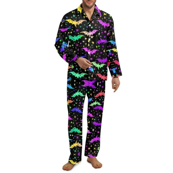SEANATIVE Galaxy Bats Pajamas Men Sunflower Button Up Pajamas Plus Size M Long Sleeve Pajamas Sets 2 Piece Soft Pajama House Wear Pj Loungewear Tops and Pants