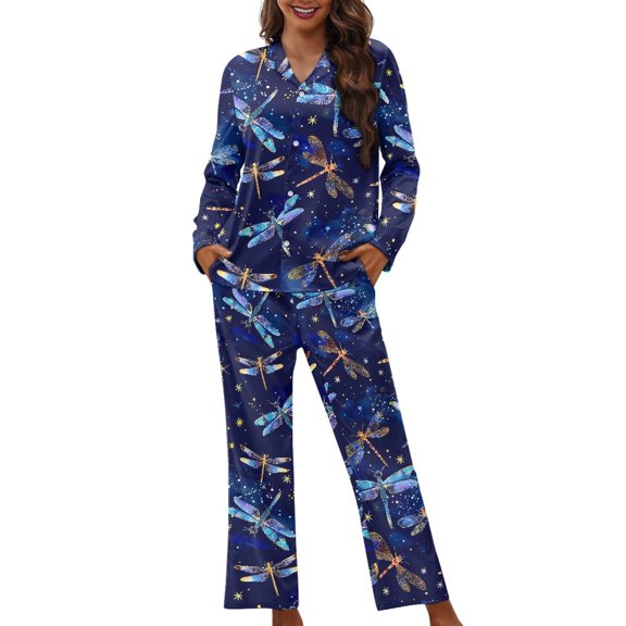 SEANATIVE Galaxy Dragonfly Button Up Pajamas for Women Size XS Button Up Sleeping Sets Pj Loungewear Tops and Pants Set of 2 Women Sleepwear Button Down Plus Size Nightwear