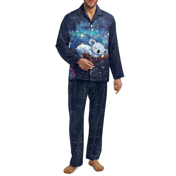 SEANATIVE Galaxy Koala Pjs for Men Button Down Pajamas Set 2 Piece Long Pants Sleepwear Sets Outfits Size Small Long Sleeve Top and Pants Loungewear with Pockets