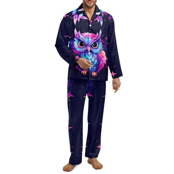 SEANATIVE Galaxy Owl Button Up Pajamas Long Sleeve Top and Pants for Men 2 Piece Loungewear Holiday Pajamas Men Size Large Sleepwear Pj Set with Pockets