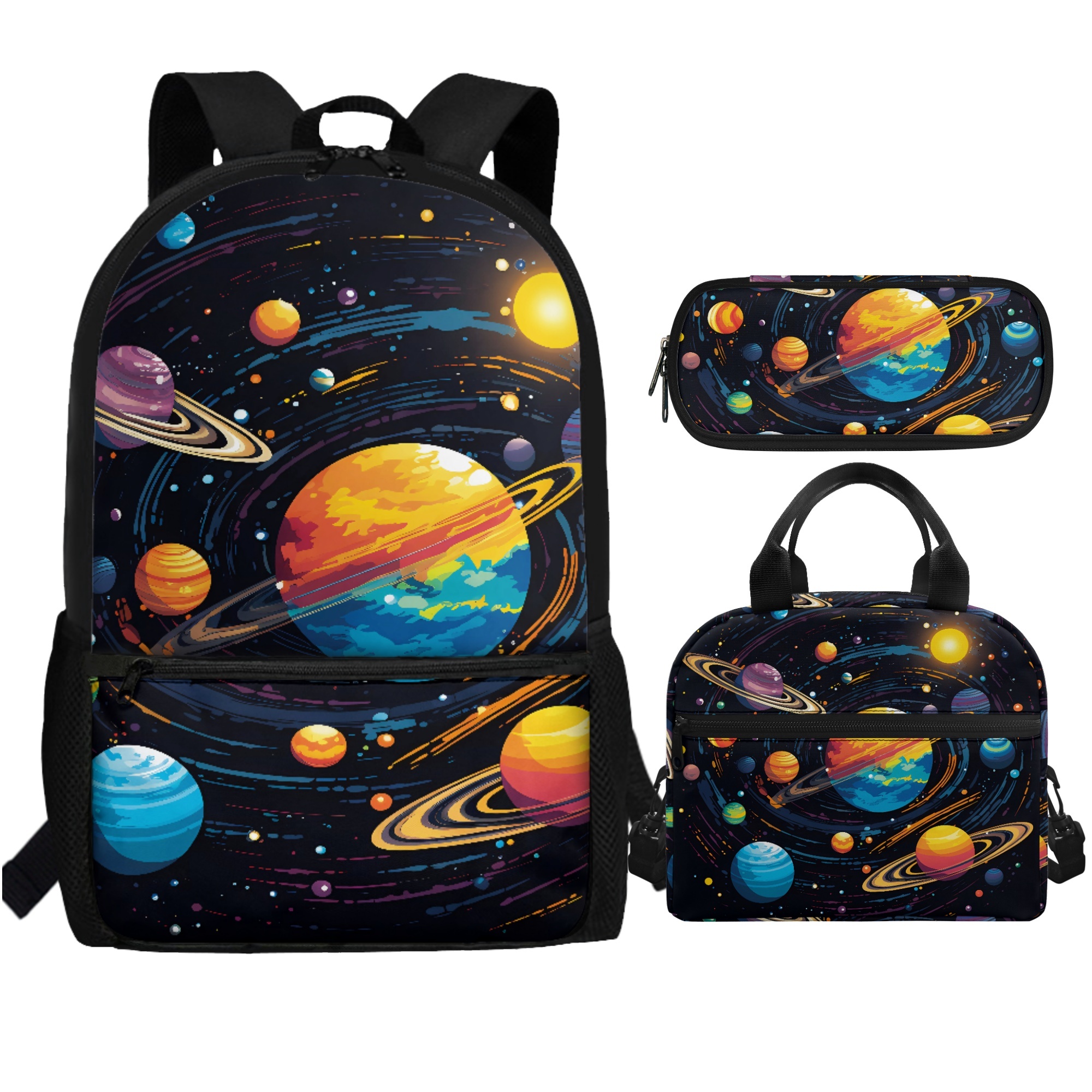 Biyejit 3-in-1 Kids Backpack Set - School Bag, Lunch Box & Pencil Case With Galaxy Planet Print, For Boys & Girls Ages 3+