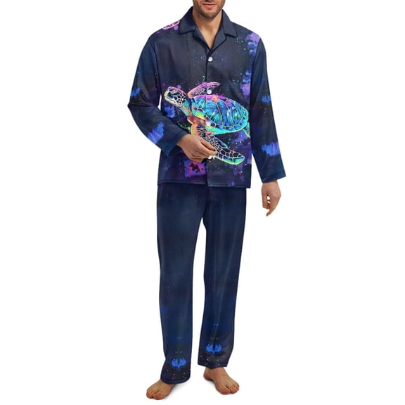 SEANATIVE Galaxy Sea Turtle Long Sleeve Pajamas for Men Size S Mens Button Up Pajamas Tops and Pants Set Soft Sleepwear Pj Set 2 Piece Daily Loungewear Jogger Outfits