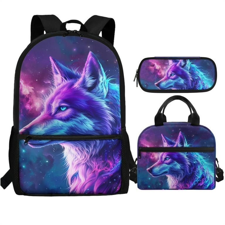 SEANATIVE Galaxy Wolf Backpack Lunch Bag and Pencil Case Pouch