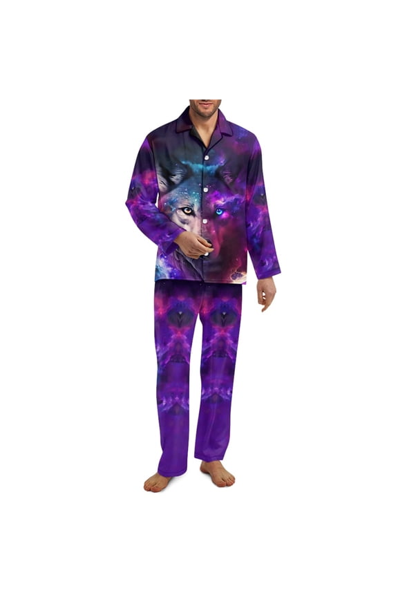 Galaxy Wolf Button Pajamas for Men Size 2XL Long Sleeve Sleepwear with Pockets 2 Piece Daily Loungewear Plus Size Button Down Pajamas Long Sleeve Nightwear