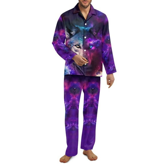 SEANATIVE Galaxy Wolf Button Pajamas for Men Size XS Long Sleeve Sleepwear with Pockets 2 Piece Daily Loungewear Plus Size Button Down Pajamas Long Sleeve Nightwear