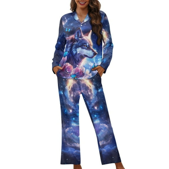 SEANATIVE Galaxy Wolf Button Up Pajamas for Women Size S Long Sleeve Pjs for Women Set of 2 Soft Sleepwear Pj Loungewear Tops and Pants Set Jogger Outfits with Pockets