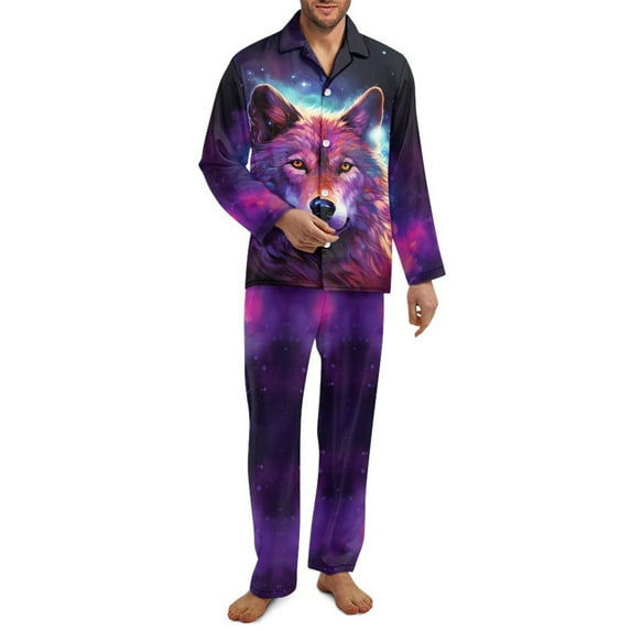 SEANATIVE Galaxy Wolf Button Up Pajamas for Men 2 Piece Long Sleeve Pj Serts with Pockets Plus Size Medium Night Suits Men Pajama Set 2 Piece Top and Pants Loungewear