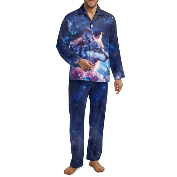SEANATIVE Galaxy Wolf Pjs for Men 2 Piece Button Down Pajamas Set Size XS Long Sleeve Top and Pants Loungewear with Pockets Pajama House Wear Soft Sleepwear Pajamas