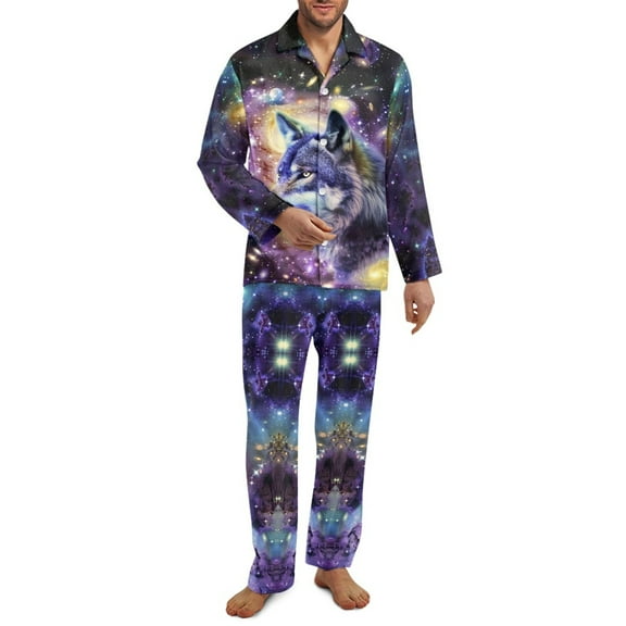 SEANATIVE Galaxy Wolf Pjs for Men 2 Piece Button Down Pajamas Set Long Sleeve Top and Pants Loungewear with Pockets Size XS Pajama House Wear Soft Sleepwear Pajamas