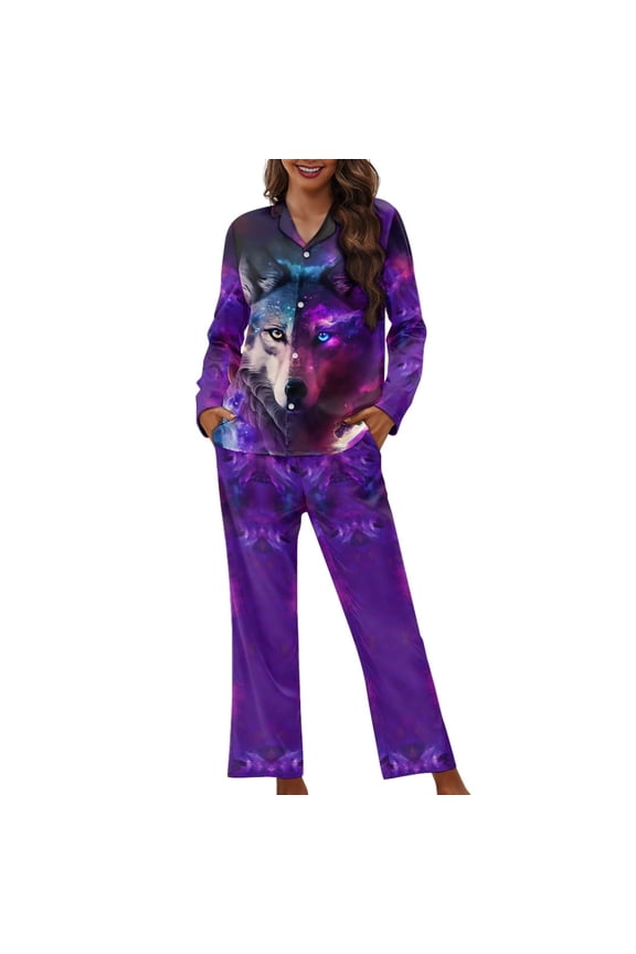 Galaxy Wolf Womens Button Down Pajama Sets 2 Piece Soft Loungewear Pjs Set Long Sleeve Night Shirts for Women SleepwearPlus Size Sleeping Suits with Pockets Size 3XL