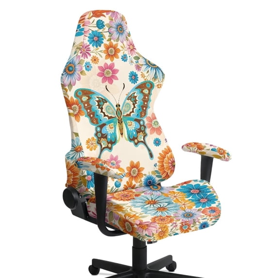 SEANATIVE Gaming Chair Covers 4 Piece Set, Computer Chair Slipcovers with Armrest Cover Stretchable Elastic Machine Washable Office Armchair Seat Protector, Boho Butterfly Daisy Flower Beige