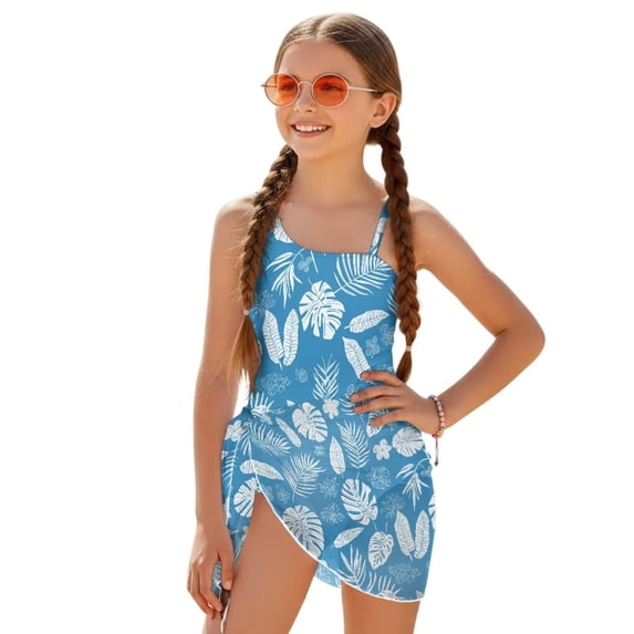 SEANATIVE Girl's Sleeveless Bathing Suit Lightweight One-Piece Swimsuits with Mesh Cover Up Spandex Fabric Beach Swimwear for Kid Teen Girls, 7-8 Years, Tropical Monstera Leaf Blue