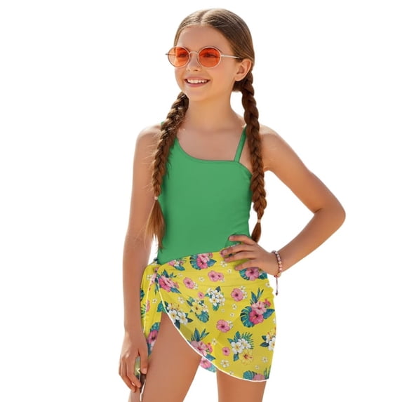 SEANATIVE Girls Bathing Suit with Mesh Sheer Swimsuit Cover Back Cutout Summer Beachwear One Piece Swimsuits for Teen Girls, Size 7-8 Years, Tropical Flower Green Yellow