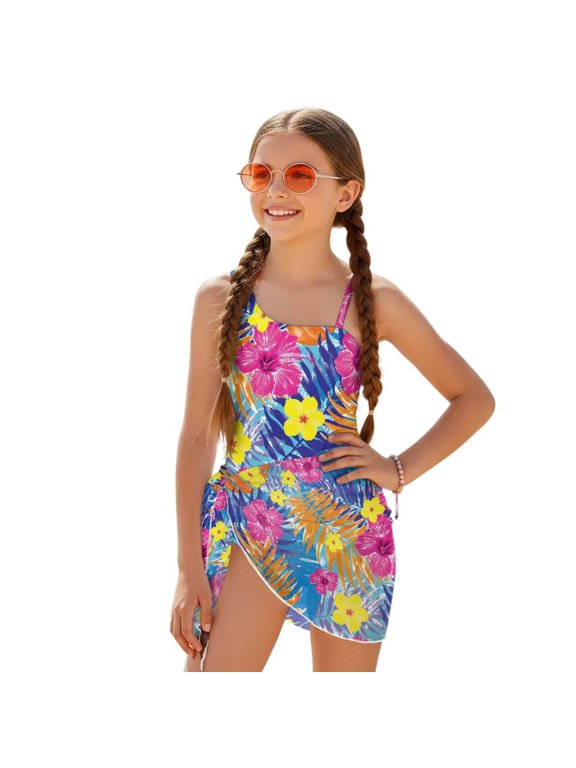 Girls Bathing Suit with Mesh Sheer Swimsuit Coverup Children Summer Beachwear One Piece Swimsuits for Teens, Size 11-12 Years, Tropical Hibiscus Flower Palm Leaf Blue