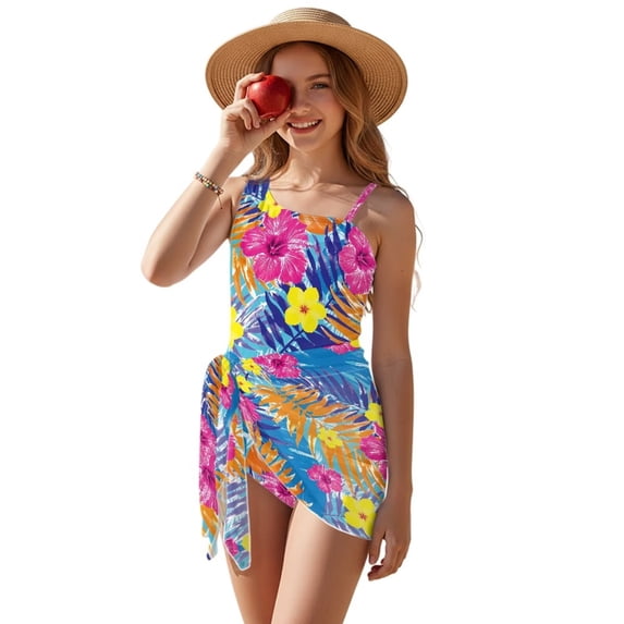 SEANATIVE Girls Bathing Suit with Mesh Sheer Swimsuit Coverup Children Summer Beachwear One Piece Swimsuits for Teens, Size 13-14 Years, Tropical Hibiscus Flower Palm Leaf Blue