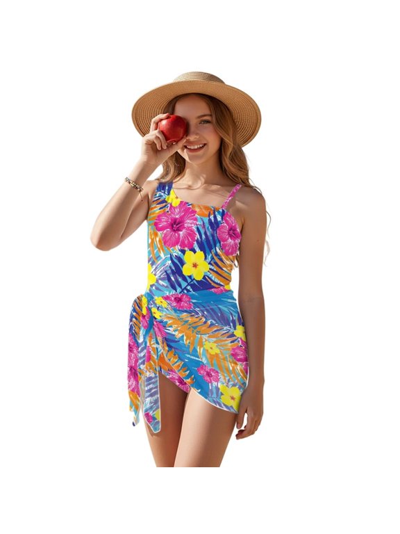 Girls Bathing Suit with Mesh Sheer Swimsuit Coverup Children Summer Beachwear One Piece Swimsuits for Teens, Size 13-14 Years, Tropical Hibiscus Flower Palm Leaf Blue
