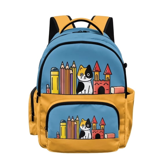 SEANATIVE Girls Boys Backpack 17 Inch Lightweight Kids School Bag Back to School Essential Bookbag with Padded Straps for Elementary Middle Students, Cartoon Cat Stationery Pattern