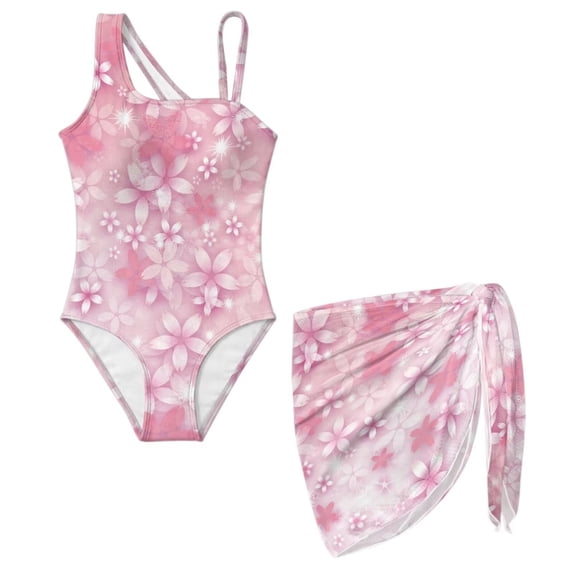 SEANATIVE Girls One-Piece Bathing Suit with Mesh Wrap Skirt Swimsuit Back Cutout Design Swimwear Trendy Swimsuits for Teen Kid Young Girls, Size 15-16, Pink Cherry Blossom