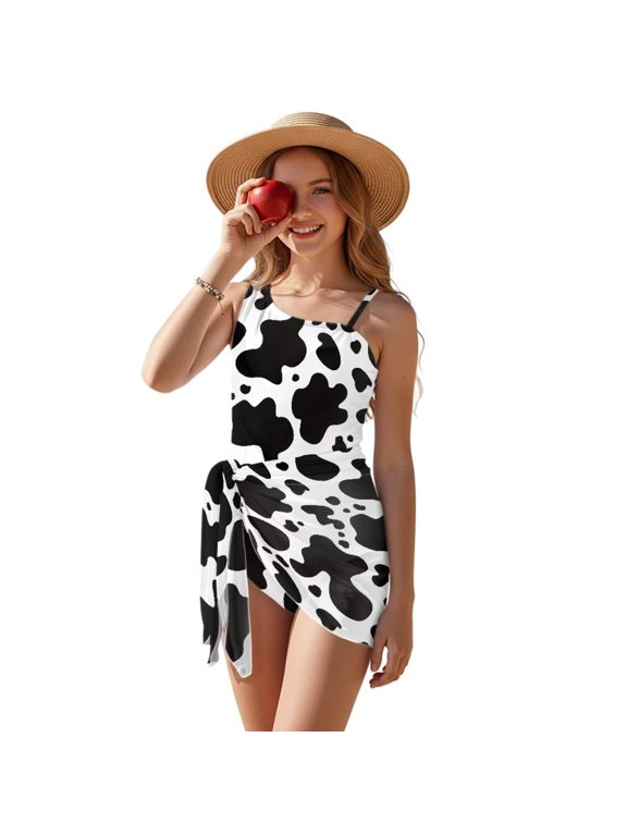 Girls One Piece Swimsuit with Mesh Cover Up Skirt Cut Out Back Design 2 in 1 Bathing Suit for Beach Party Hotel Pool, Size 15-16 Years, Cow Print Black White